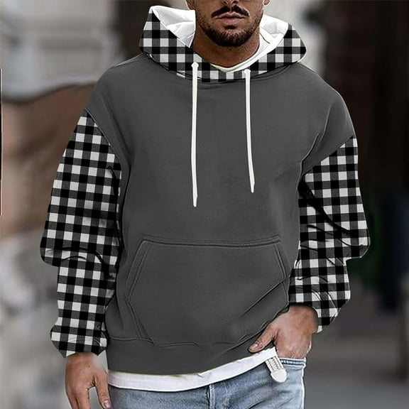 Mens Plus Size Hoodies Big & Tall M-4X Fleece Lined Long Sleeve Sweatshirts with Pocket Pullover Plaid Printed Warm Going-Out Streetwear Hoodie Tops