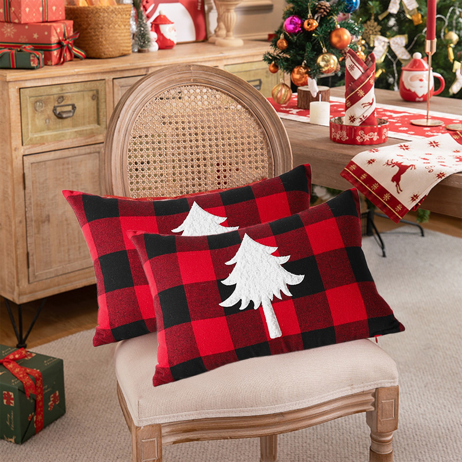Festive Christmas pillows on a cozy holiday sofa.