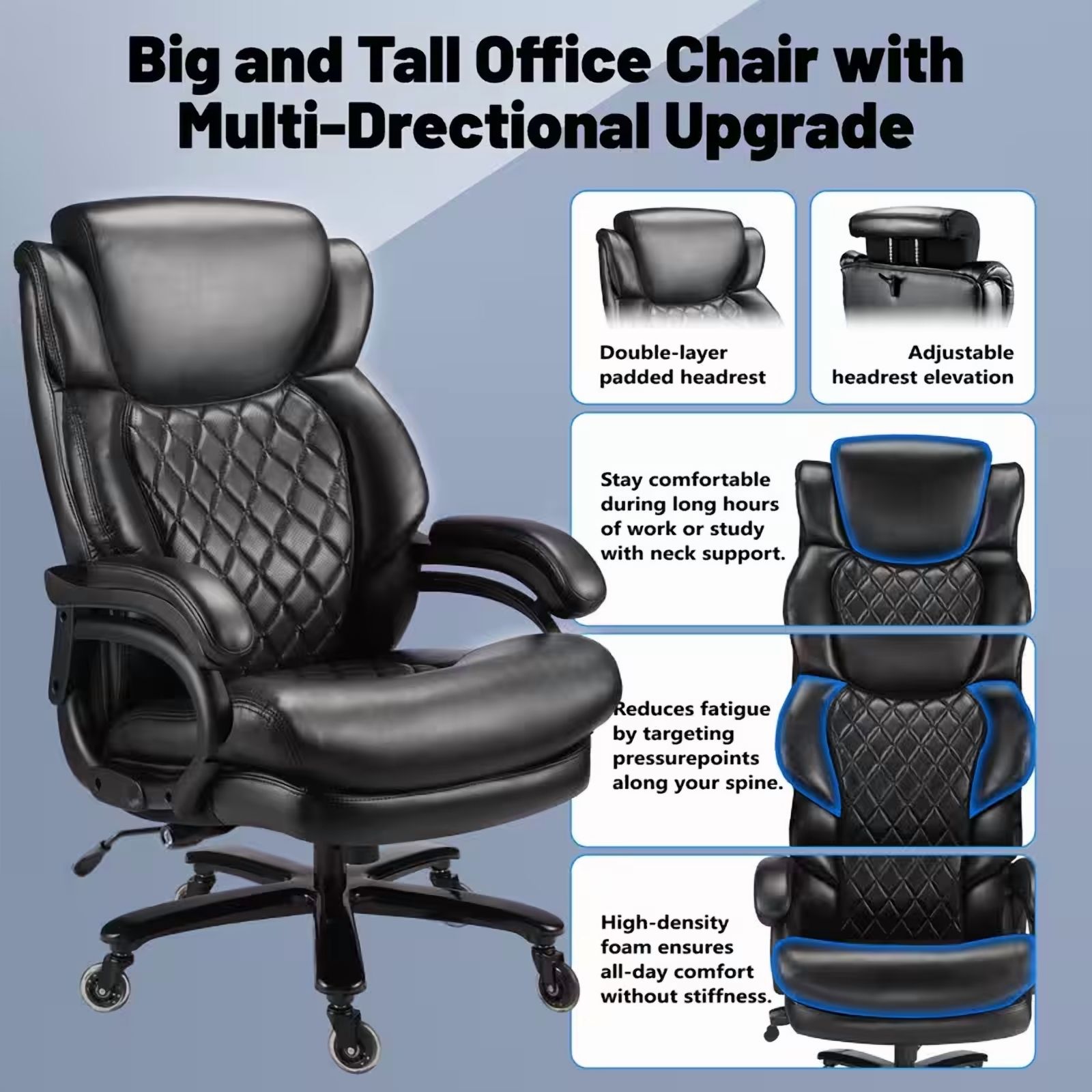 Qusaphy 800lb Heavy Duty Executive Chair, Leather Office Chair with Adjustable Lumbar Support & Headrest, Double-Layer Cushion Ergonomic Desk Chair