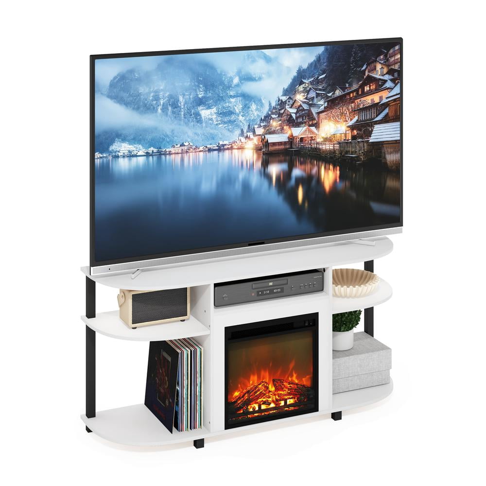 Furinno Jensen Open Storage Curved Entertainment Center Stand with Fireplace for TV up to 55 Inch, Solid White