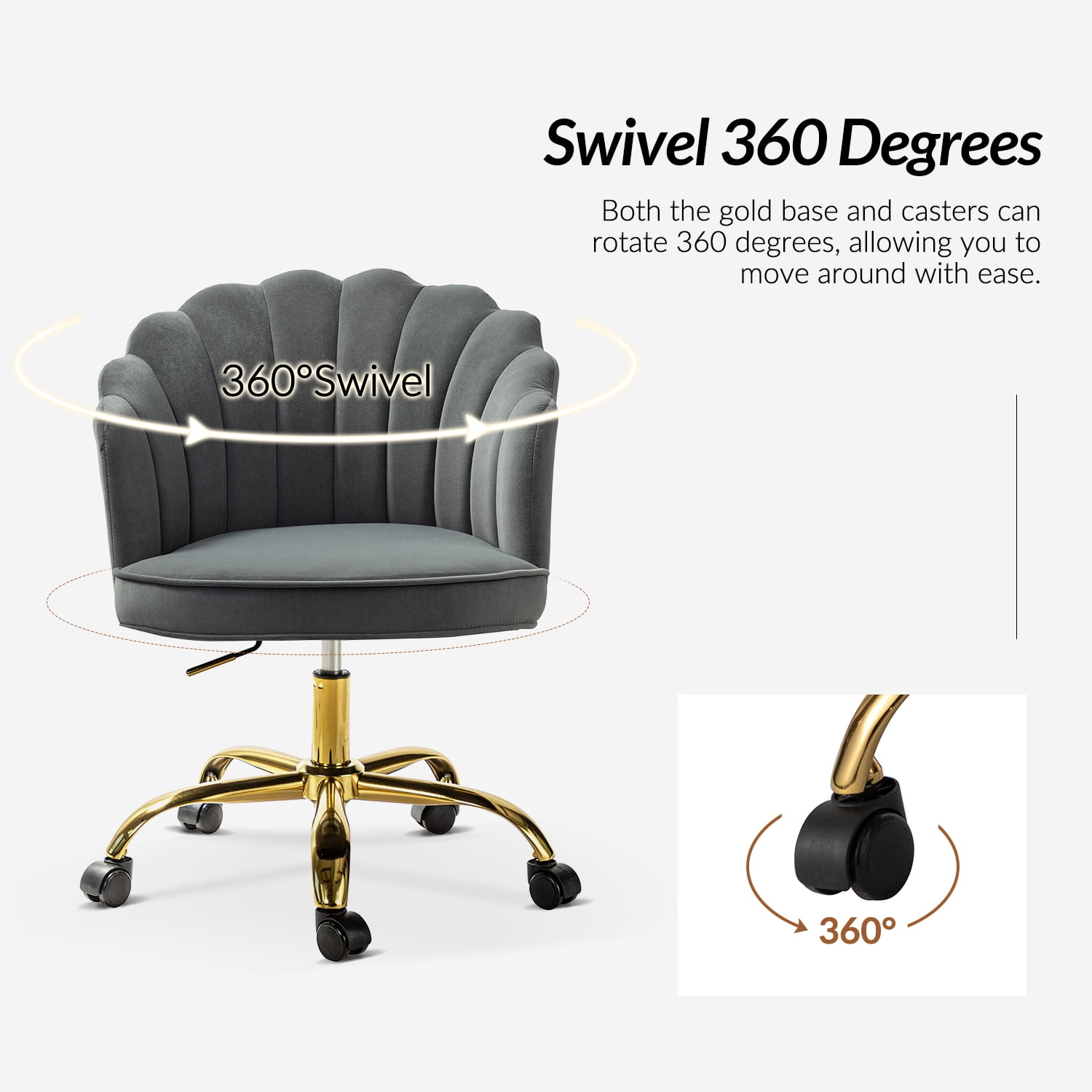 Tina's Home Vanity Makeup Desk Office Chair Velvet Shell Backrest Upholstered Swivel Adjustable Gold Metal Base Bedroom Grey