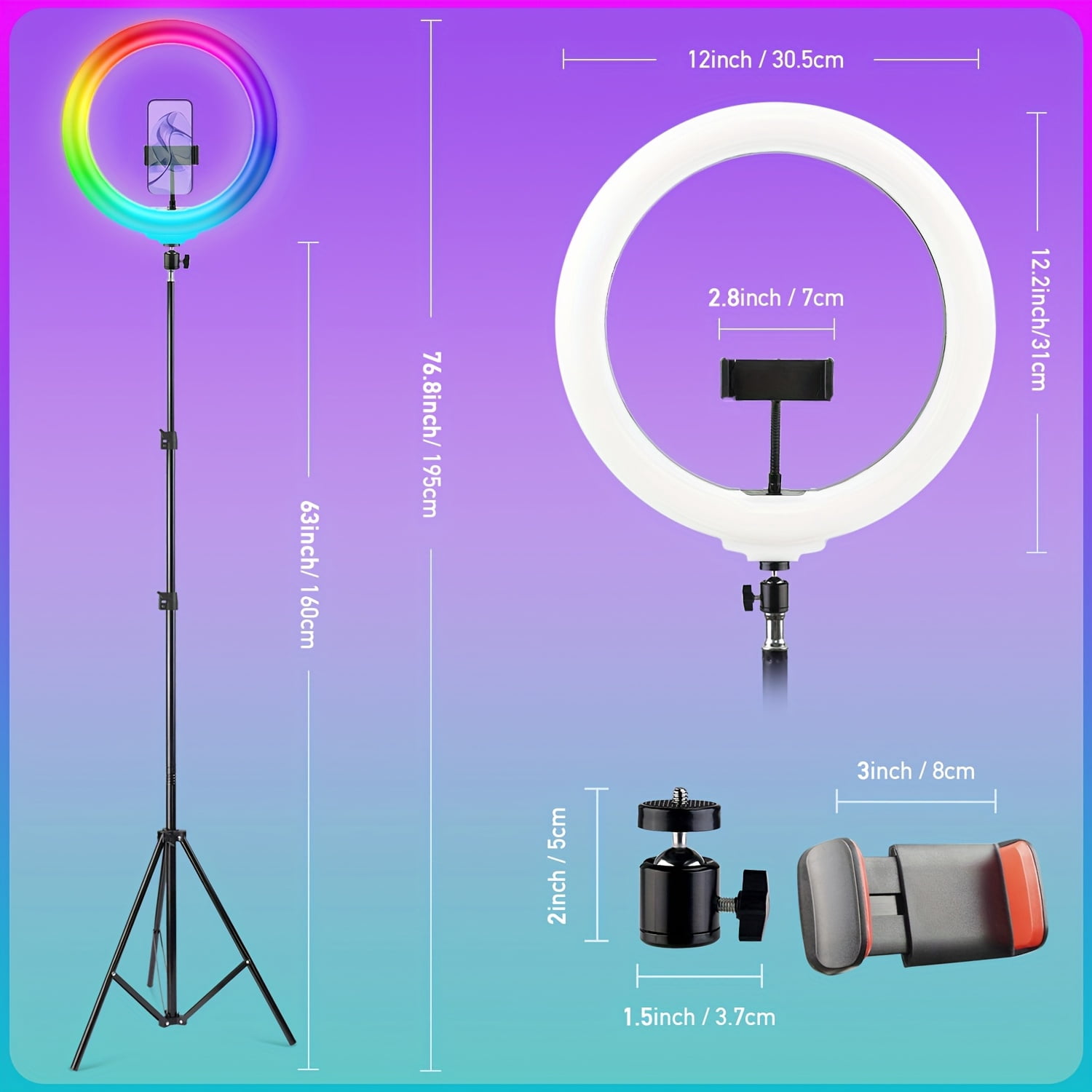 12" Adjustable Ring Light with 63" Tripod, Dimmable RGB LED, USB Powered, Phone Stand & Gimbal Clamp for Live Streaming, Makeup, Selfie