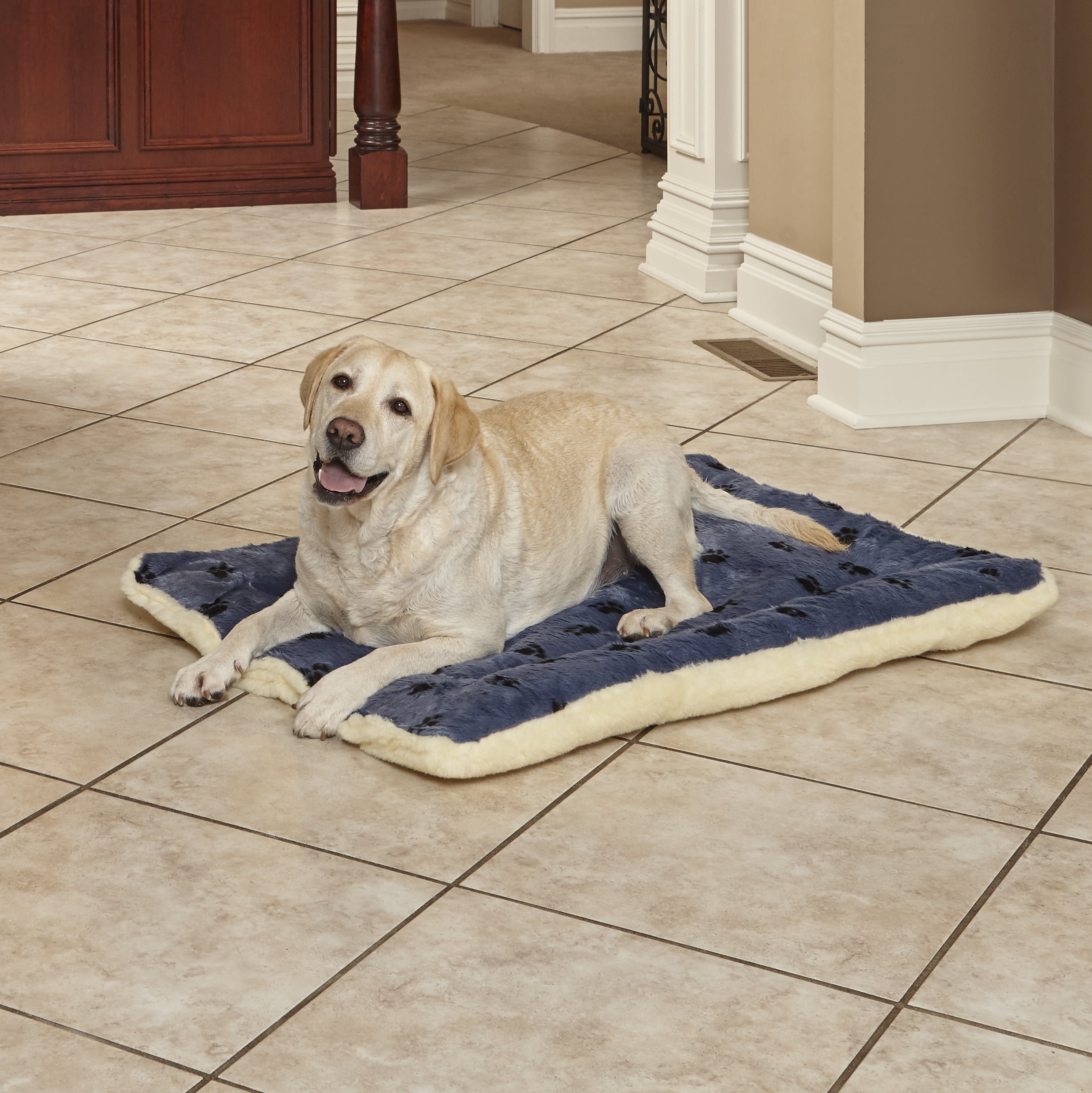 MidWest Homes for Pets, Blue Paw Print Reversible Fleece Dog Bed Designed to fit 42 inch Crate