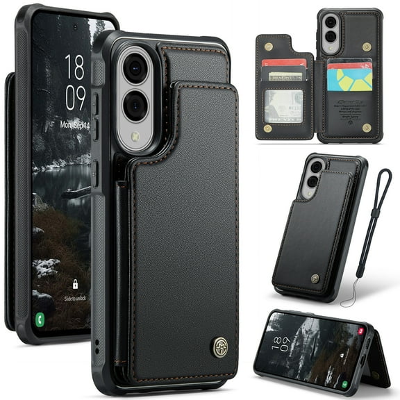 Dteck for Samsung Galaxy S25 Edge Wallet Case with Card Holder & Wrist Strap, RFID Blocking Credit Slots Kickstand Shockproof Phone Cover for Women Men,Black