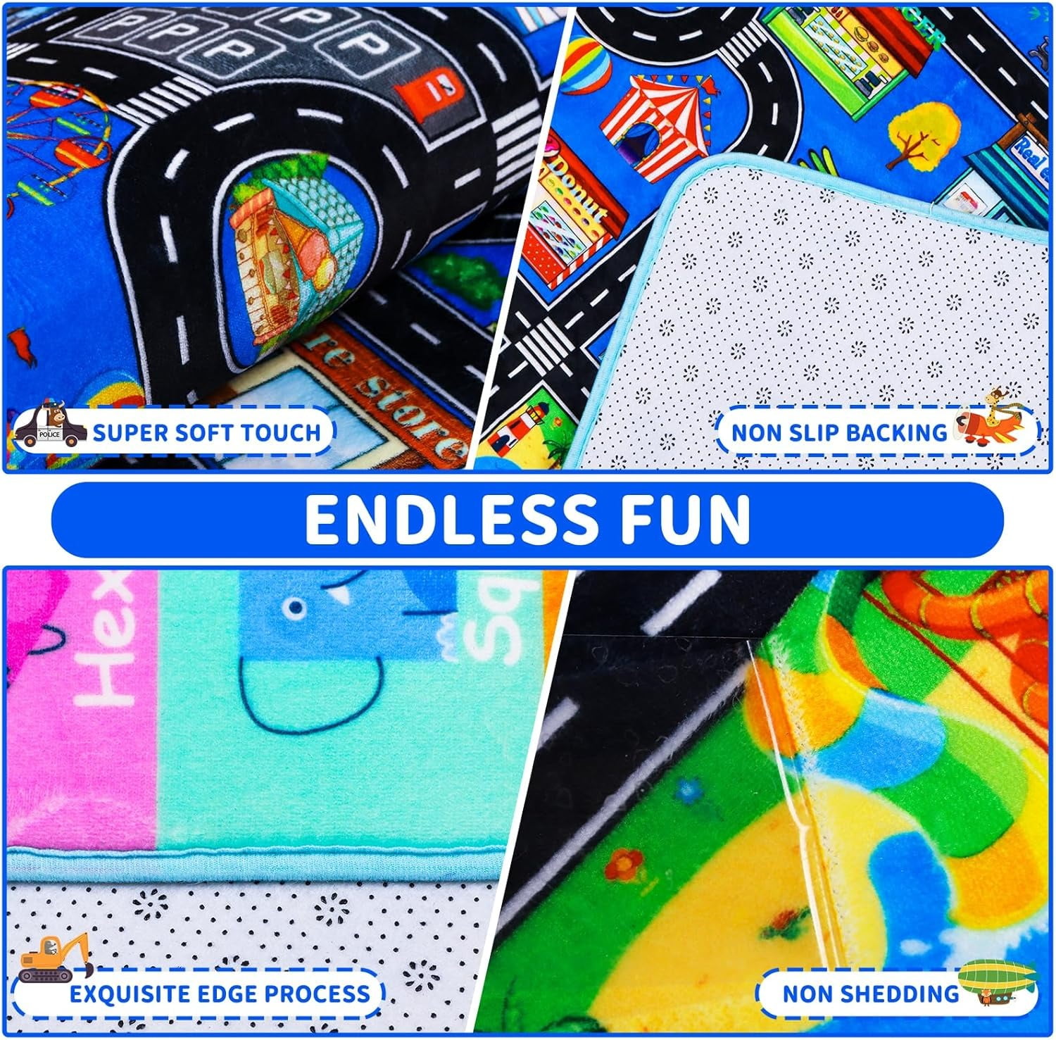 ABC Transportation Kids Rugs 59"×39.4" Animals Play Mat for Toy Cars Playroom
