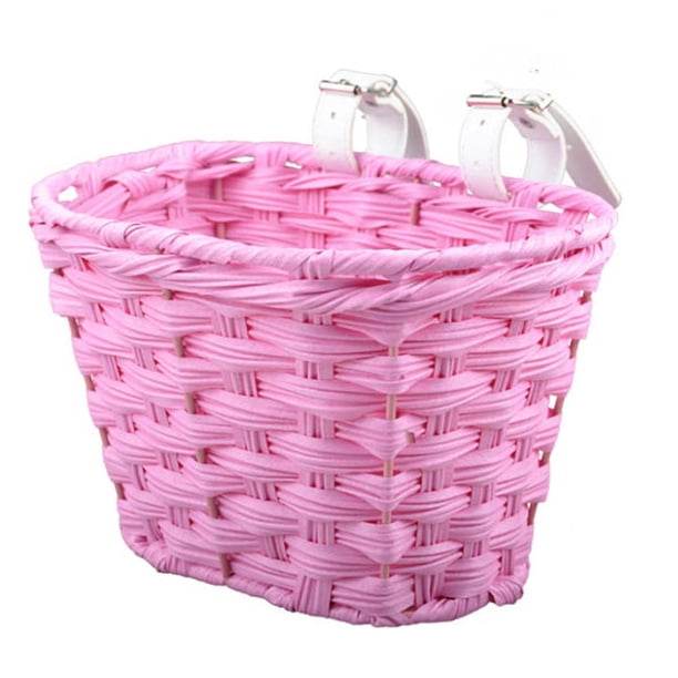Cesta de bicicleta para niños desmontable con 2 correas, cesta tejida a mano, accesorios para bicicletas Rosa