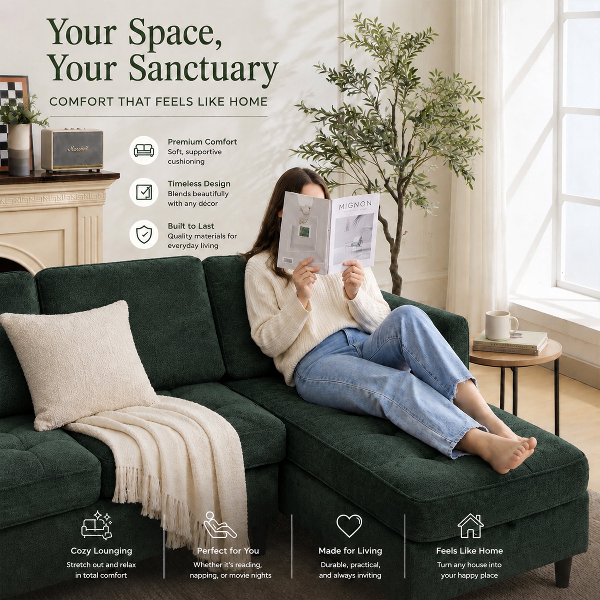 77.6" 4-in-1 L-Shaped Sectional Sleeper Sofa, Chenille Modular Couch with Storage Chaise, Usb/Type-C Ports & Side Pocket, Dark Green