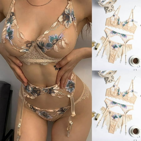 

Zpanxa Sexy Women 3PCS Lingerie Suit Embroidery Perspective Temptation Babydoll Underwear Garter Belt Panties Underpants Sleepwear Beige XXL