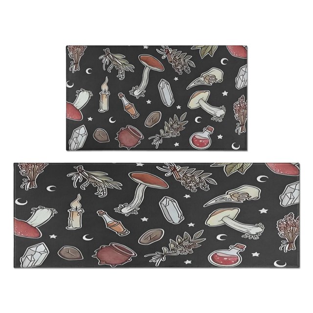 Dazzling Non-Slip & Cushioned Red Mushroom Kitchen Rugs & Mats, Set of 2 - Perfect Boho Style for Kitchen, Bathroom, Laundry - Adds Charm to Your Home Decor, Sizes 17x30 & 17x47 inches