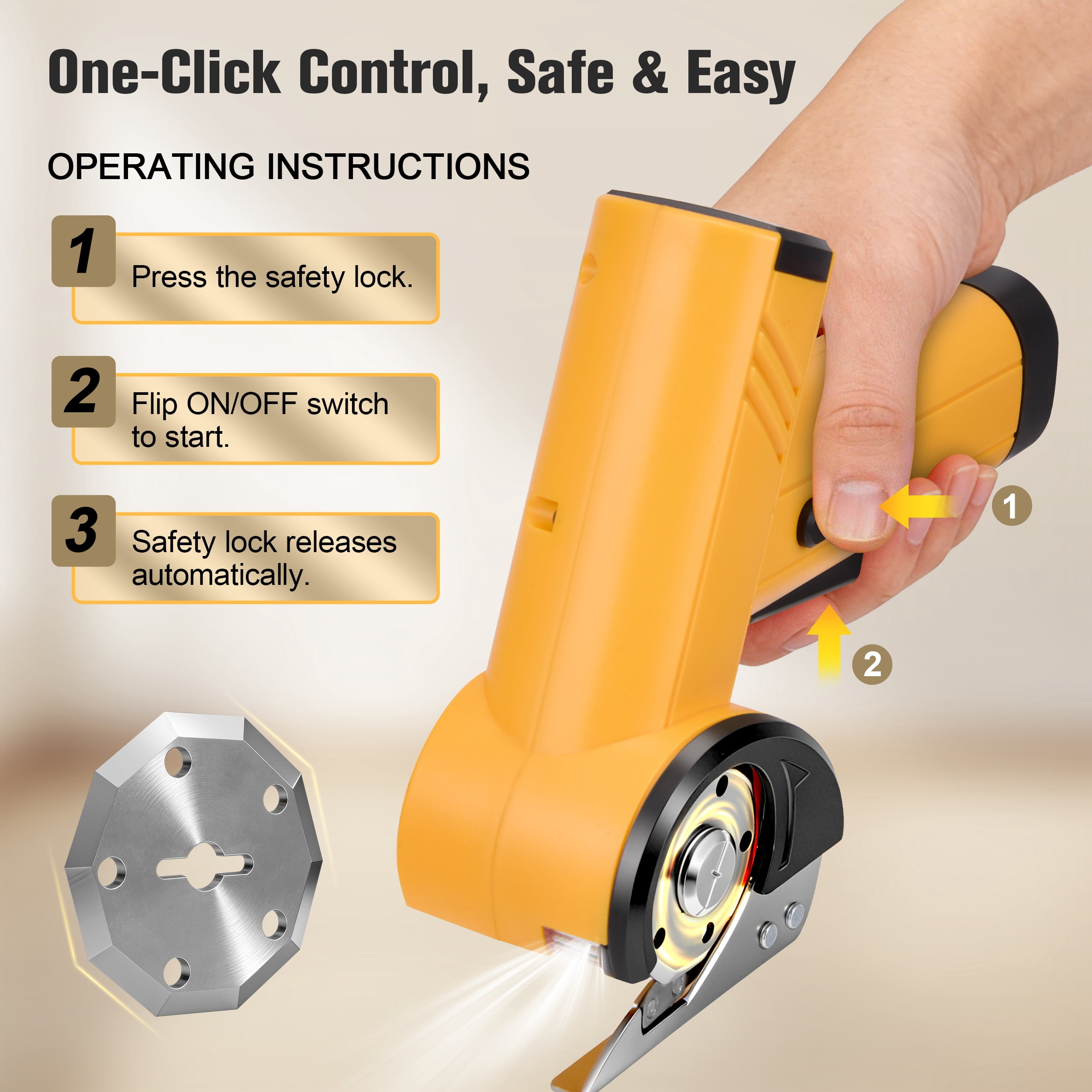 RELOIVE Cordless Electric Scissors,4.2V 25W Cardboard Cutter Tool,Upgrade Rotary Electric Box Cutter with 2 Blades,4-Speed,LED Light,2.0Ah Battery for Fabric, Cardboard, Leather, Carpe,Yellow