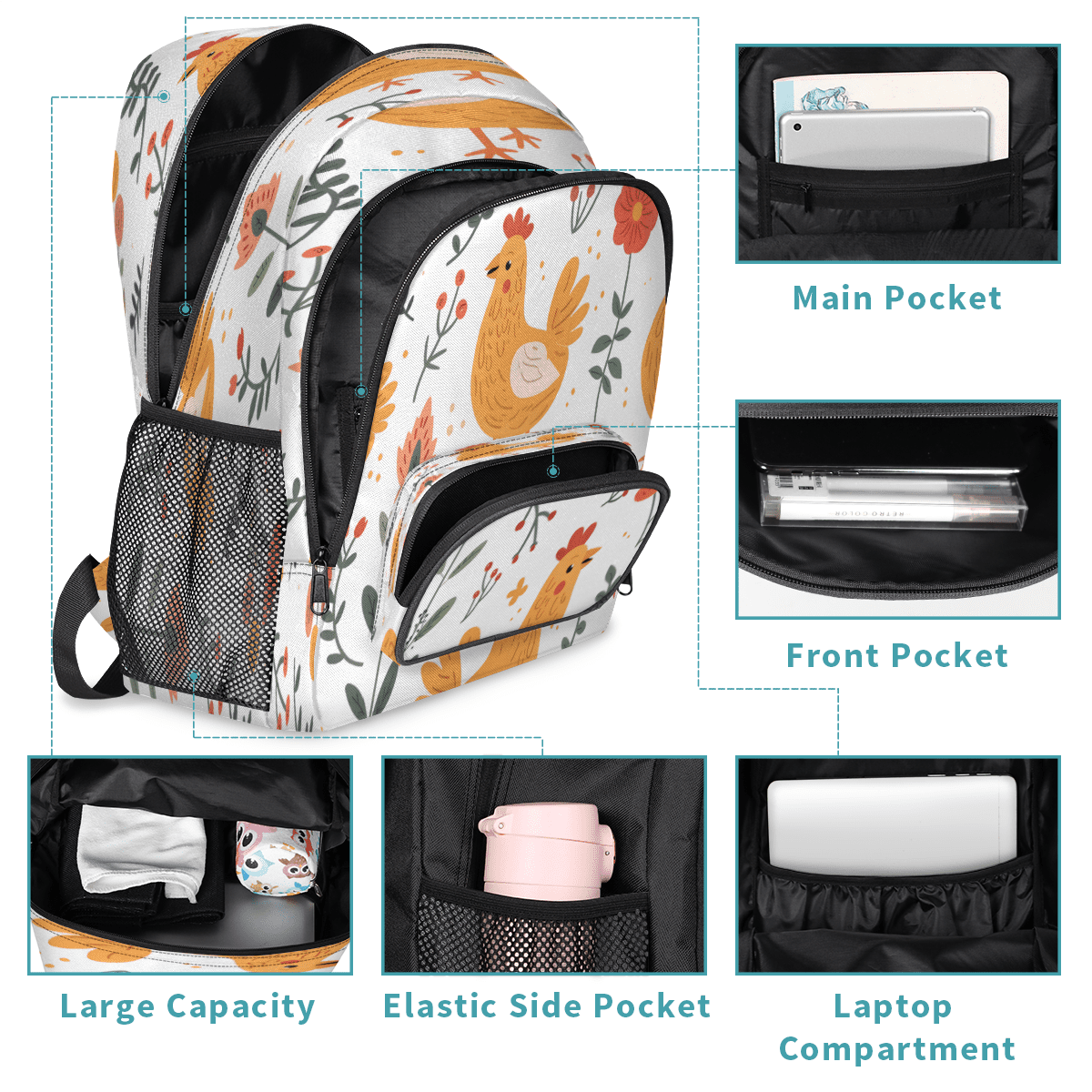 Herdesigns Farmhouse Rooster Chickens Laptop Backpack for Women Men, 18.3 Inch Large Computer Backpacks Fashion Teacher Nurse Bag Casual Daypack for Work Travel