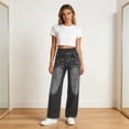 thumbnail image 5 of Wide Leg Jeans for Women High Waist Stretchy Straight Leg Side-Zipper Plus Size Baggy Casual Pull On Barrel Jeans with Pockets, 5 of 9