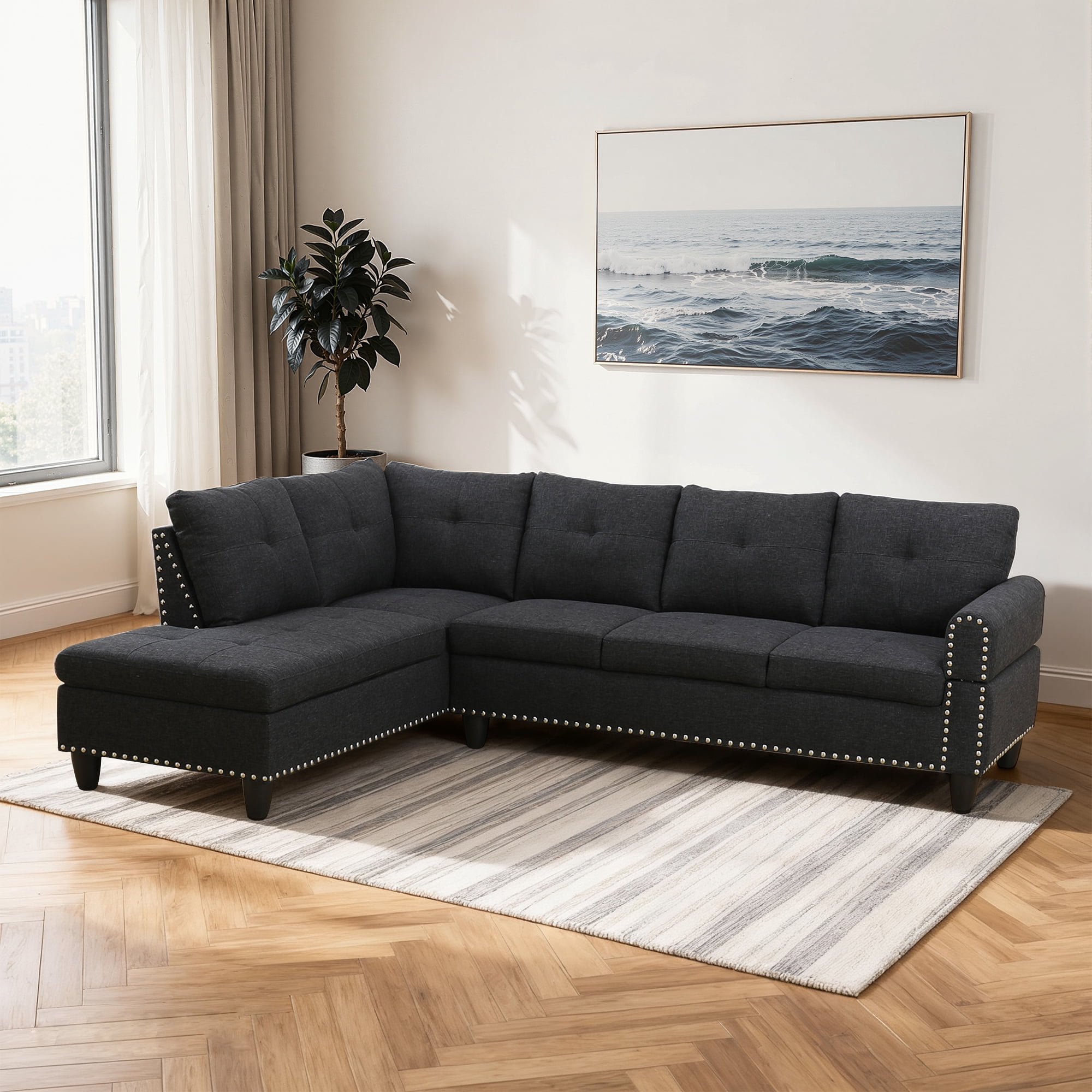 MAYEERTY 97.5" Linen Sectional Sofa, 2-Piece Modular Couch Living Room Sofa Set without Ottoman, Black (Left)