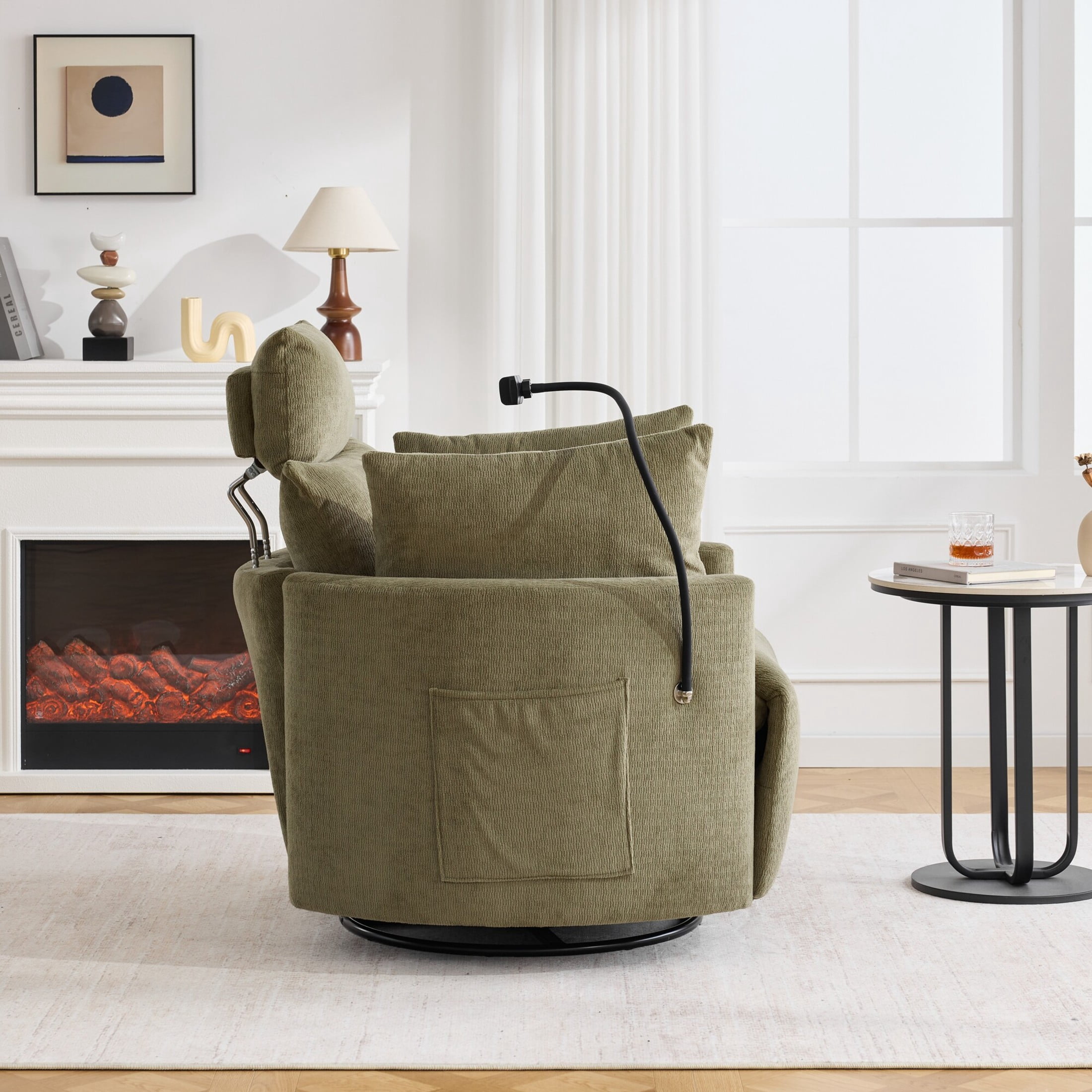 Noble House Sigrid 360° Swivel Rocking Recliner Chair, Electric Power Adjustable Chenille Armchair with USB, Light Green