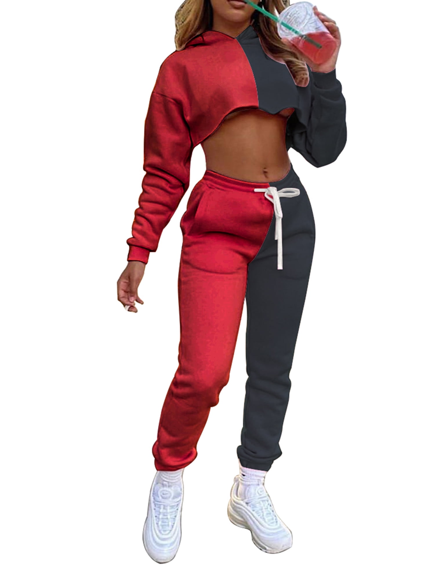 Sunmoot Stripe Sportswear for Women Casual Logo Hooded Long Sleeve Pullove Sport Tops+Long Joggers Pants Set 
