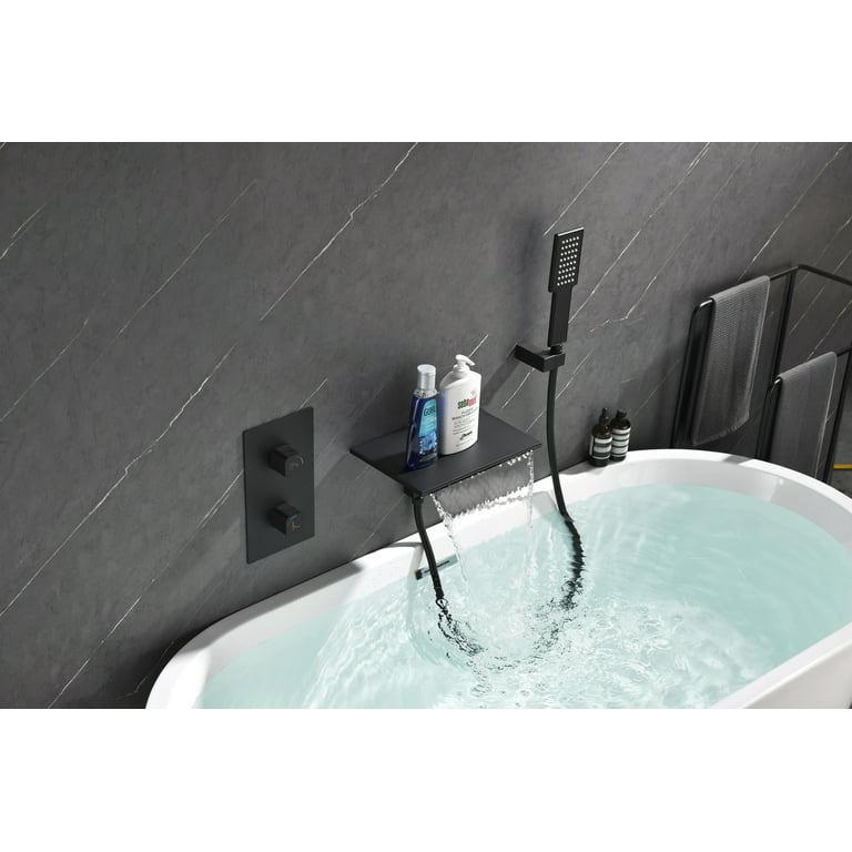 Solid Brass Waterfall Single Handle Wall-Mounted Bathtub Faucet Tub Filler  in Black