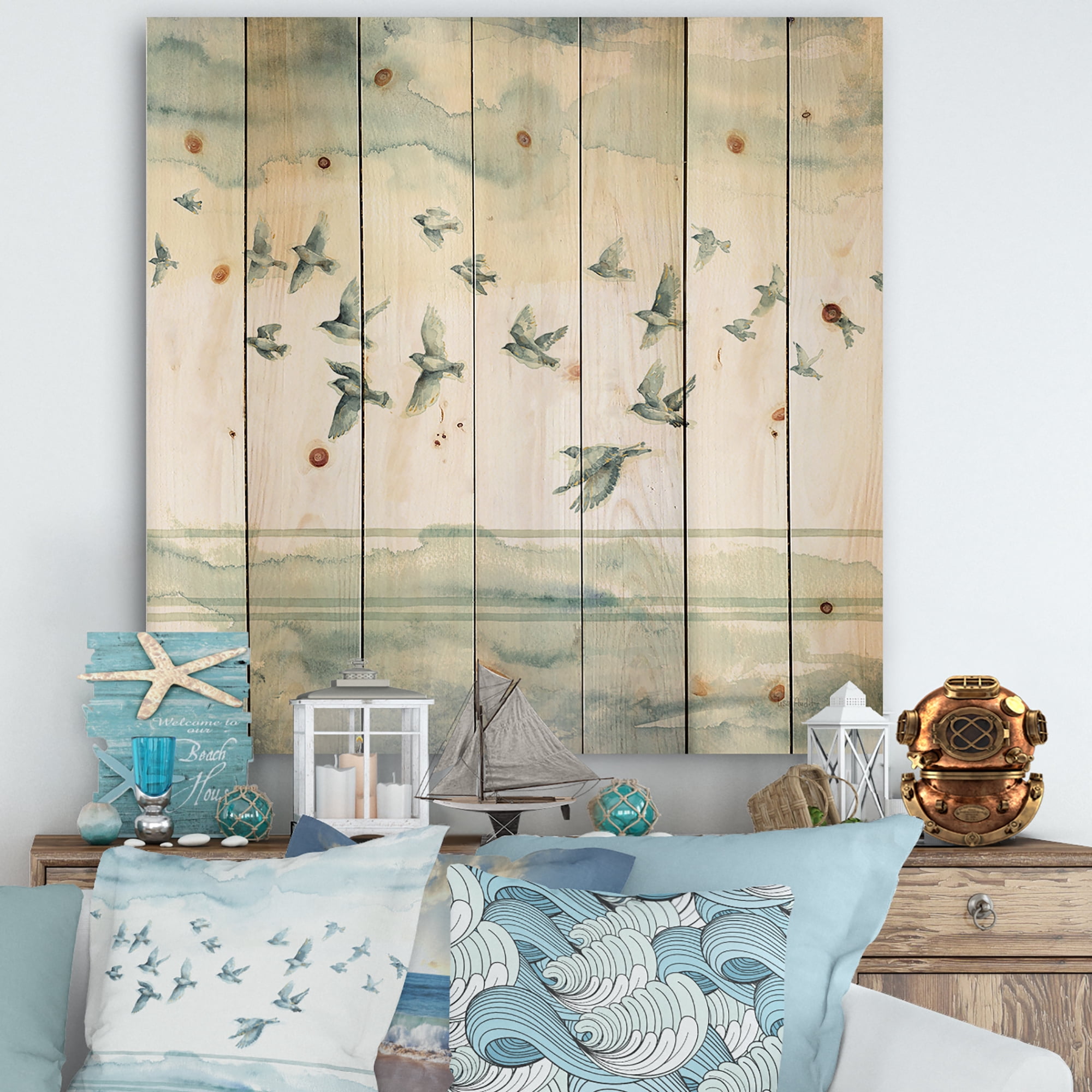 Designart 'Indigold Bird Cottage Family VII' Animals Print on Natural Pine Wood