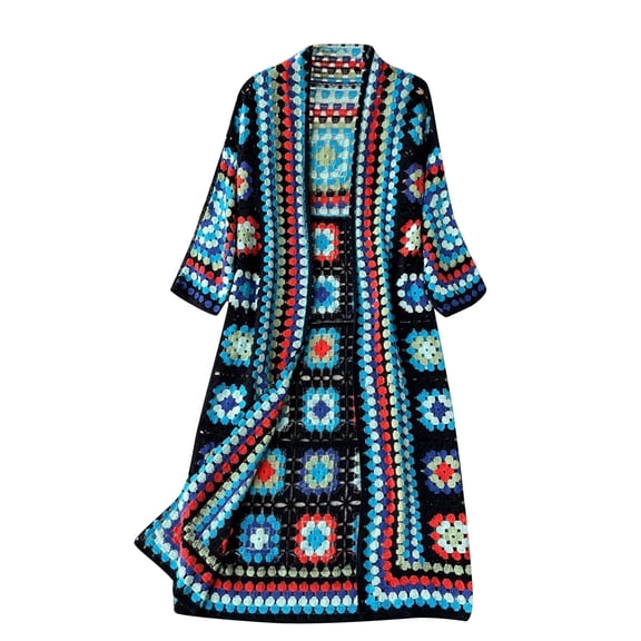 GEWSEY Women Vintage Crochet Granny Square Cardigan Jumper Long Sleeve Open Front Floral Knit Sweater Knitwear Long Cardigan (Blue, FREE SIZE)