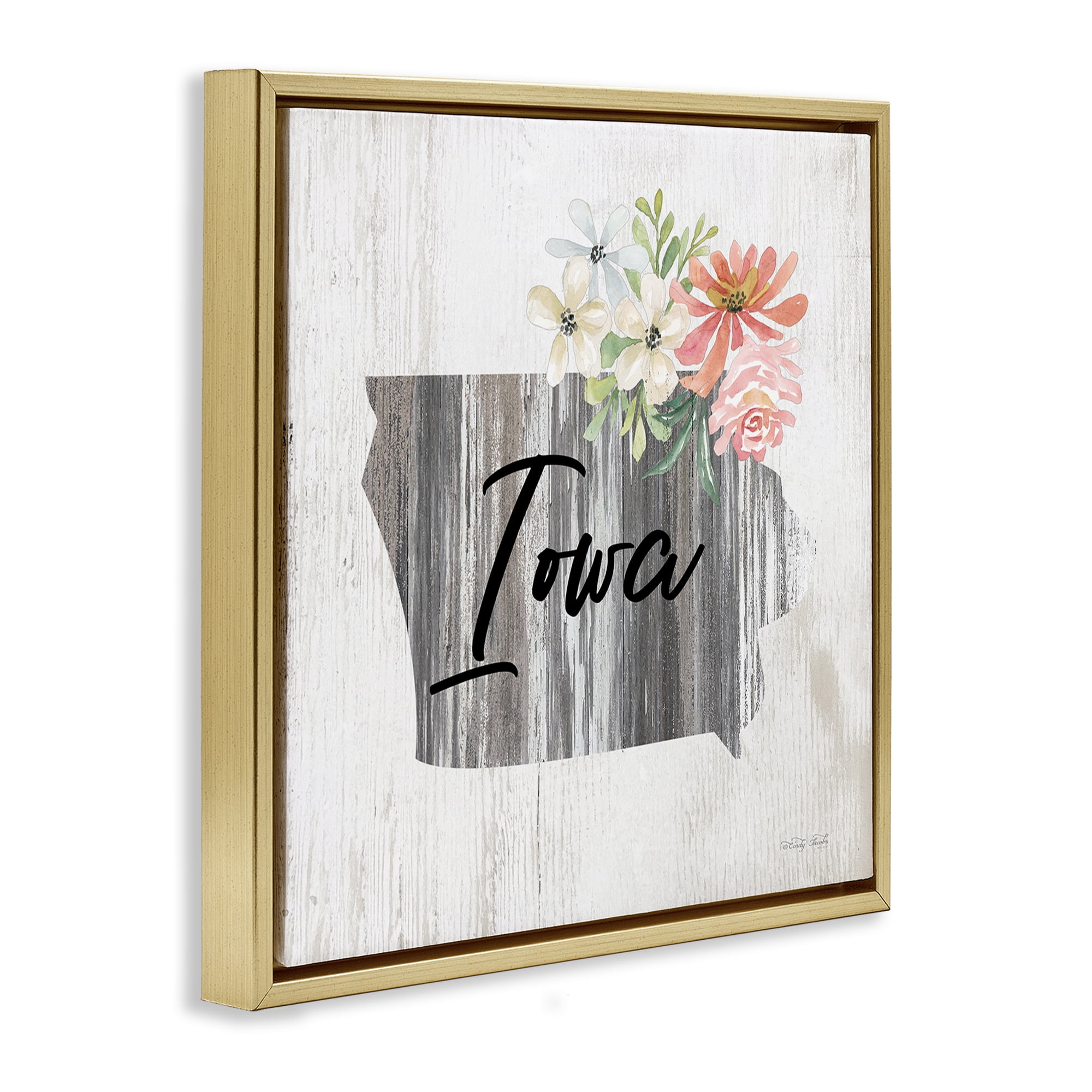 Stupell Industries Shabby Chic Iowa Botanical & Floral Painting Gold Floater Framed Canvas Art Print Wall Art, 25 x 25