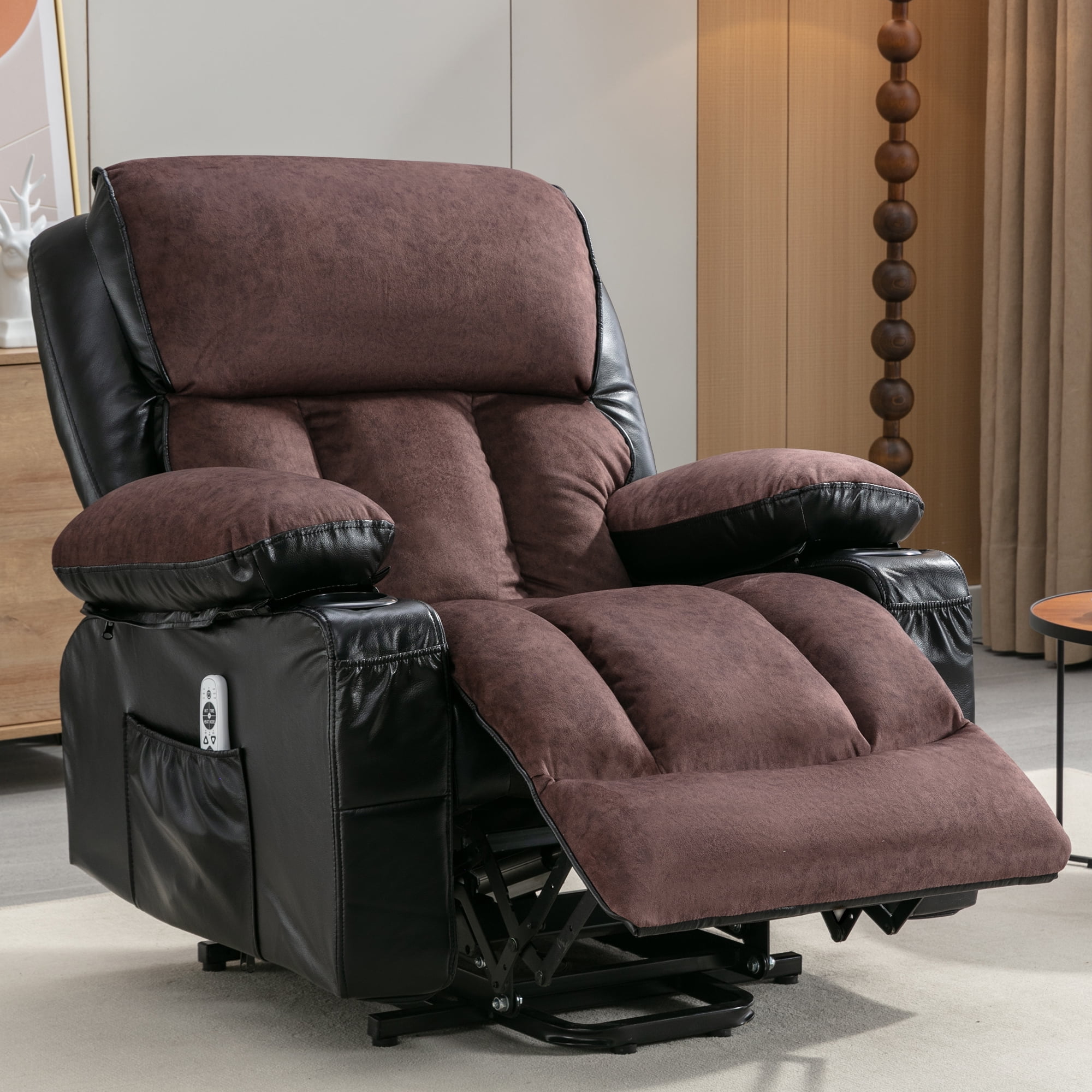 BTMWAY Power Lift Recliner, Electric Lift Chair with Remote and Side Pocket, Fabric Reclining Sofa Living Room Chair , Heavy Duty Lift Recliner for Elderly Big Man Lazy Boy, Holds 300lbs, Coffee