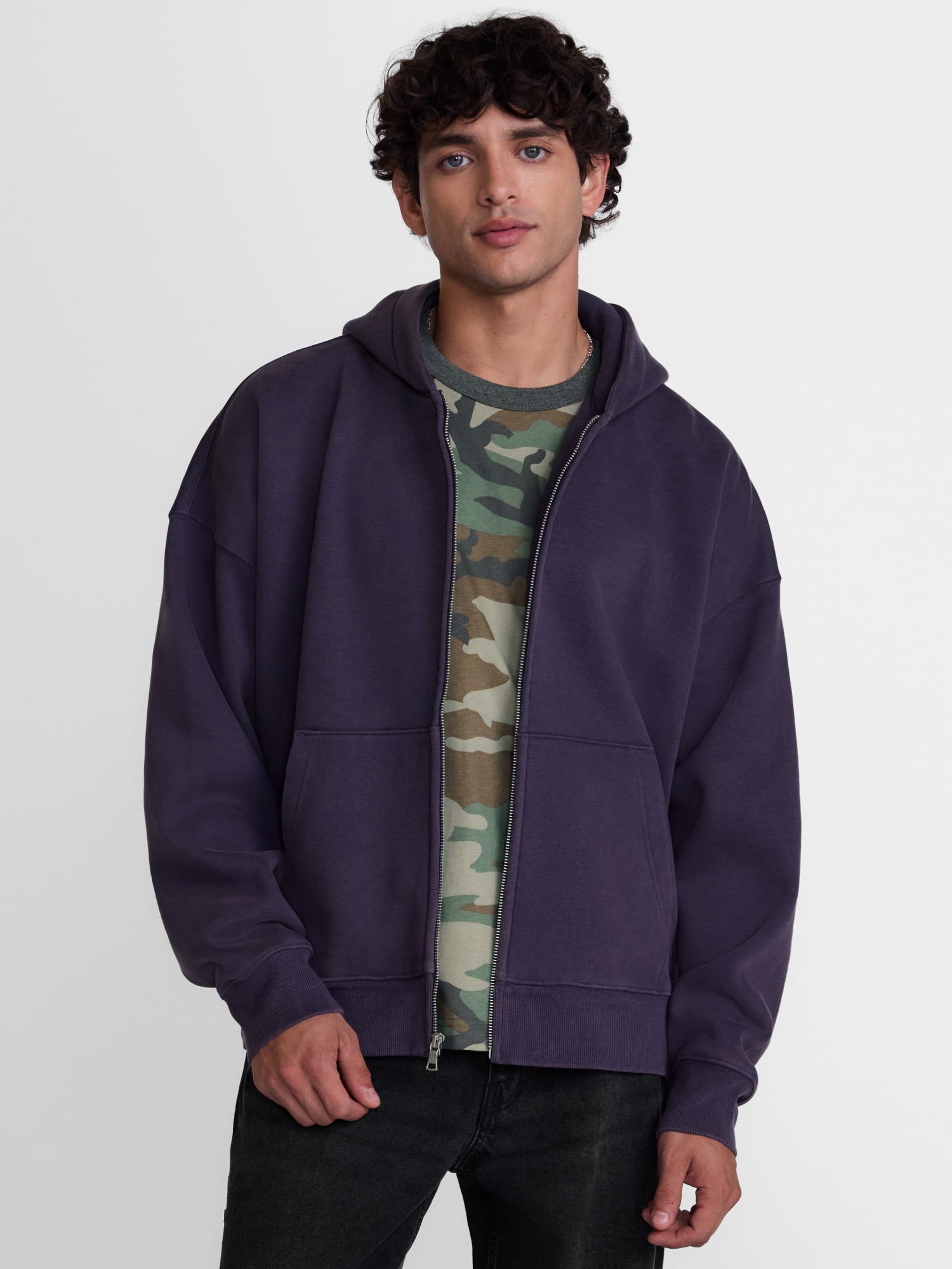 No Boundaries Boxy Fit Heavyweight Fleece Full Zip Hoodie Sweatshirt, Men's Sizes XS-3XL