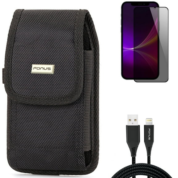 Privacy Screen Protector & 10ft USB Cable & Case Belt Clip for iPhone 13 Pro Max ONLY - Tempered Glass Curved Anti-Spy   Charger Cord Power Wire   Rugged Holster Canvas Combo