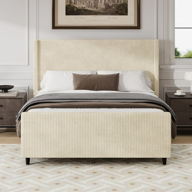 King Size Upholstered Platform Bed Frame, Wingback Bed with 50.7" Headboard, Corduroy/Solid Wood Leg/No Box Spring Needed/Noise Free/Cream