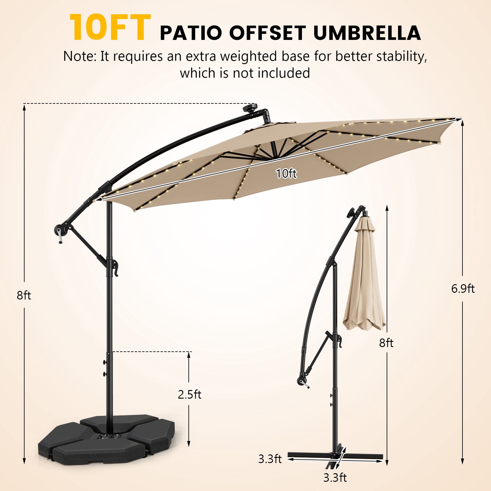 Topbuy 10FT Solar Offset Umbrella Tilted Cantilever Umbrella with 112 LED Lights Lighted Patio Sun Shade with Crank Handle Beige