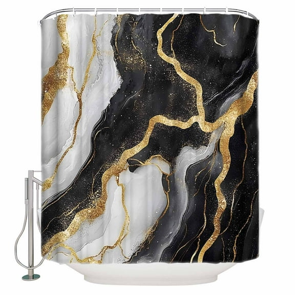 Abstract Marble Shower Curtain, 36" x 72", Gold Texture Simple Black White Modern Waterproof Bathroom Curtain Washable Shower Curtain Set with 12 Hooks