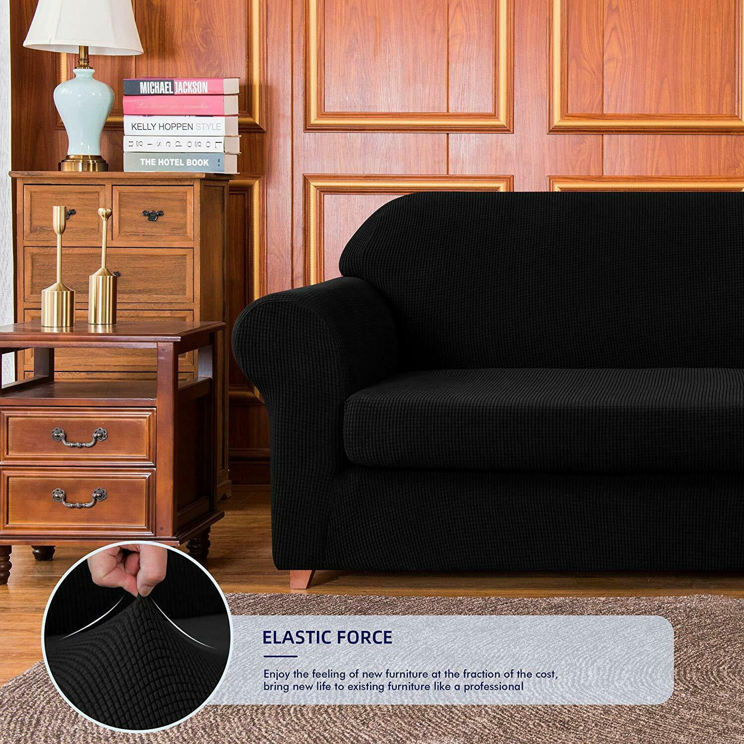 Subrtex Stretch 2-Piece Textured Grid Sofa Slipcover Jacquard Non Slip Couch Cover (Black, Armchair)