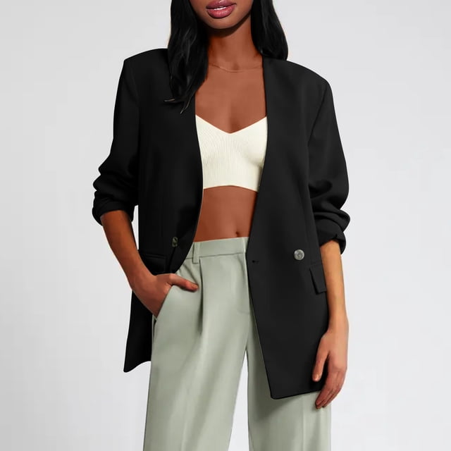 AherBiu Womens Oversized Blazer One Button Casual Loose Long Sleeve Fall Fashion Open Front Cardigan with Pockets