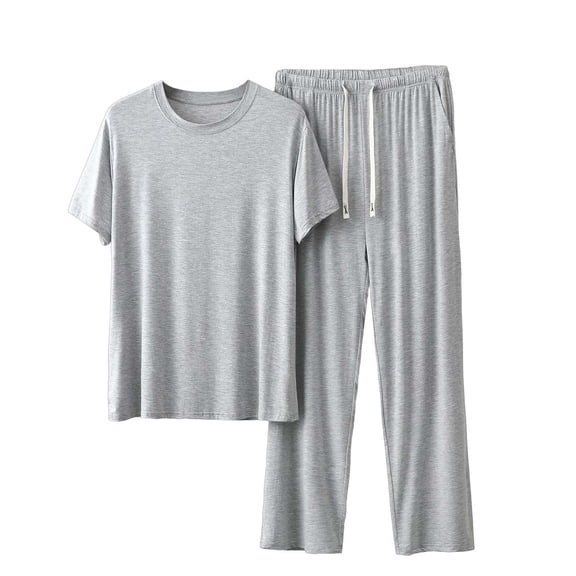 Men's Modal Crew Neck Tracksuit Sets 2026 Spring Summer Short Sleeve Tops Drawstring Long Pants Loungewear Plus Size Khaki 3XL