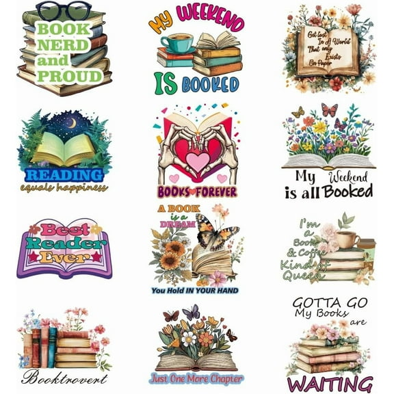 12 Pcs Book Theme Iron on Decals Patches Butterfly Flower Love Decoration Book Lover Heat Transfer Stickers PET Washable Patches for DIY Clothes Decor 3.15 inch(8cm) Long Colorful DIY