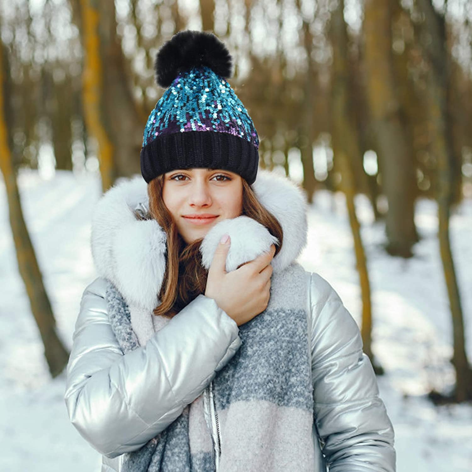 Faux Fur Pom-Pom Shiny Bling Skull Cap 