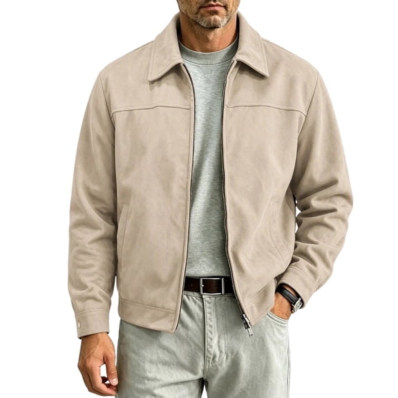 Thousandth Men's Faux Suede Jacket Casual Soft Full Zip Long Sleeve Vintage Jackets Classic Silm Fall Trucker Coat for Everyday Wear
