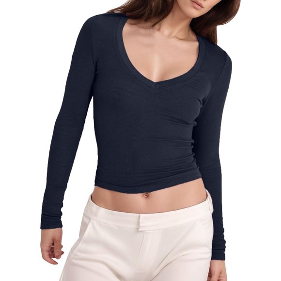 Womens Summer Tops Womens Extra Long Sleeve Shirt Women's Ribbed V Neck Slim Fitted T Shirts Basic Solid Long Sleeve Layerin