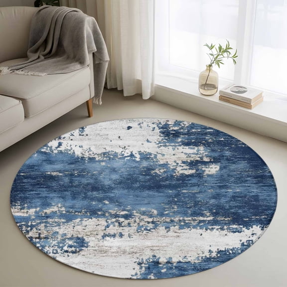 Abstract Mottled Texture 4FT Round Area Rugs for Living Room 111 Blue Gary Stitching Ultra-Thin Non-Slip Round Rugs Machine Washable Low Pile Circle Carpet for Bedroom Kitchen Nursery