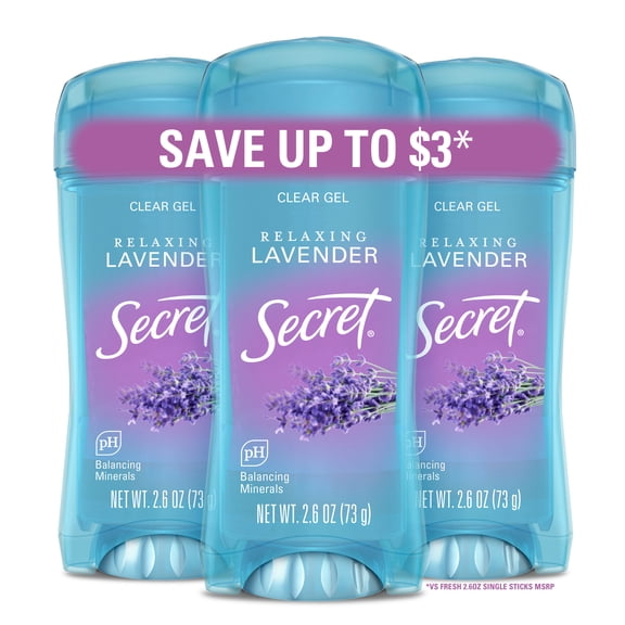 Secret Fresh Clear Gel Antiperspirant and Deodorant for Women, Relaxing Lavender, 3 Pack, 3 x 2.6 oz