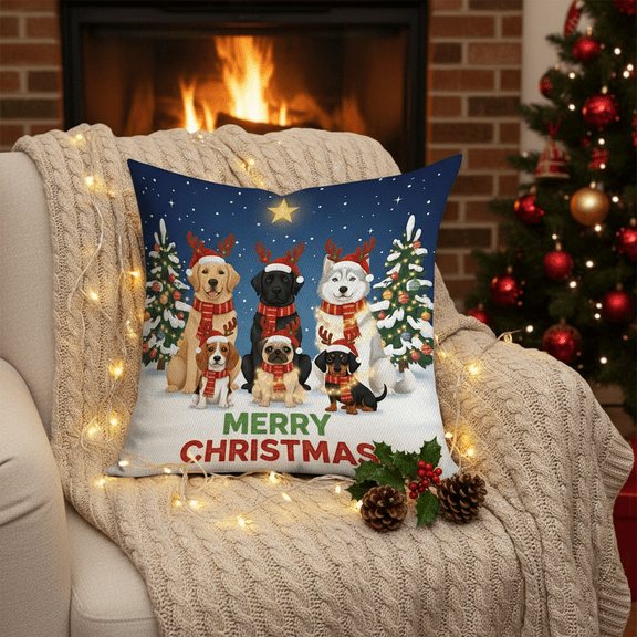 TiniDecor Merry Christmas Throw Pillow, 16x16" Festive Dog Reindeer Design Accent Cushion, Holiday Home Decor