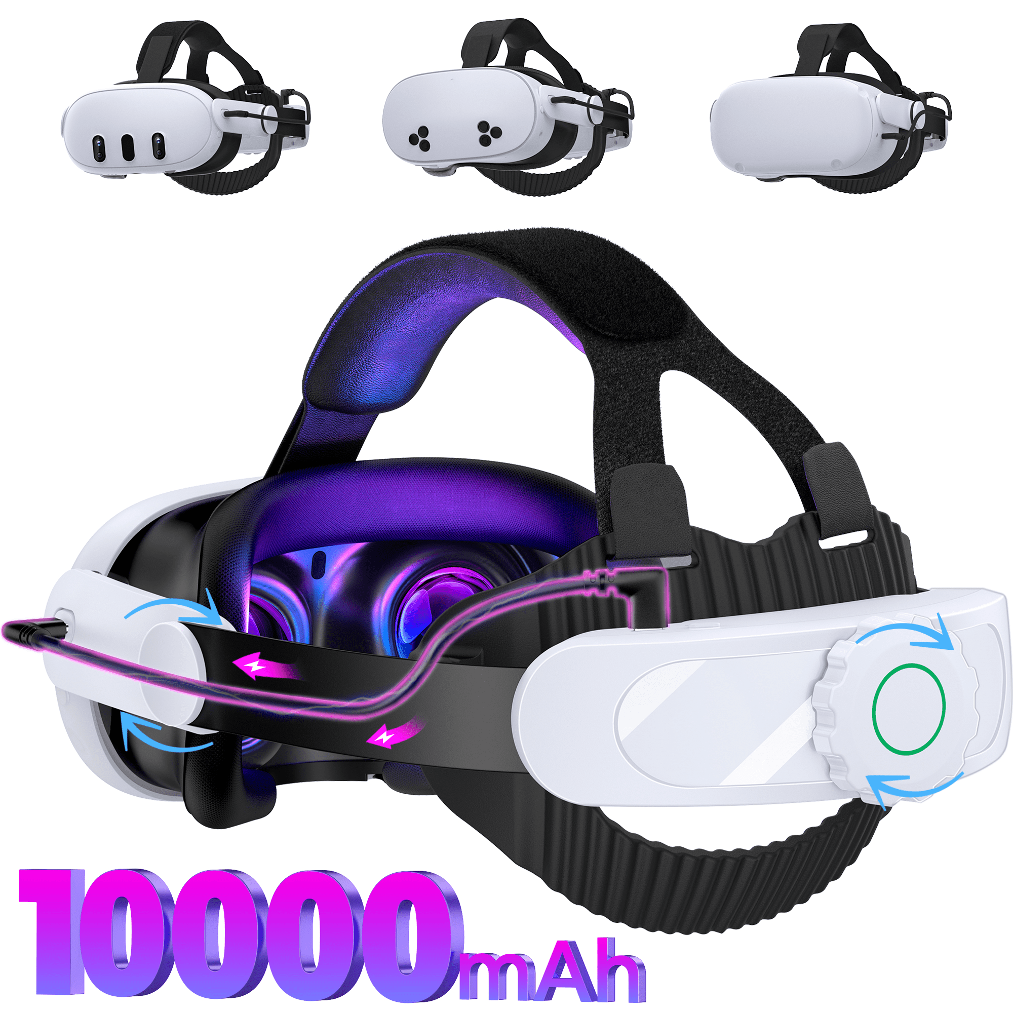 QQV Battery Head Strap for Oculus Meta Quest 3/3S/2, VR Headset Strap Accessories for Quest 3 with 10000mAh Built-in Rechargeable Battery Pack