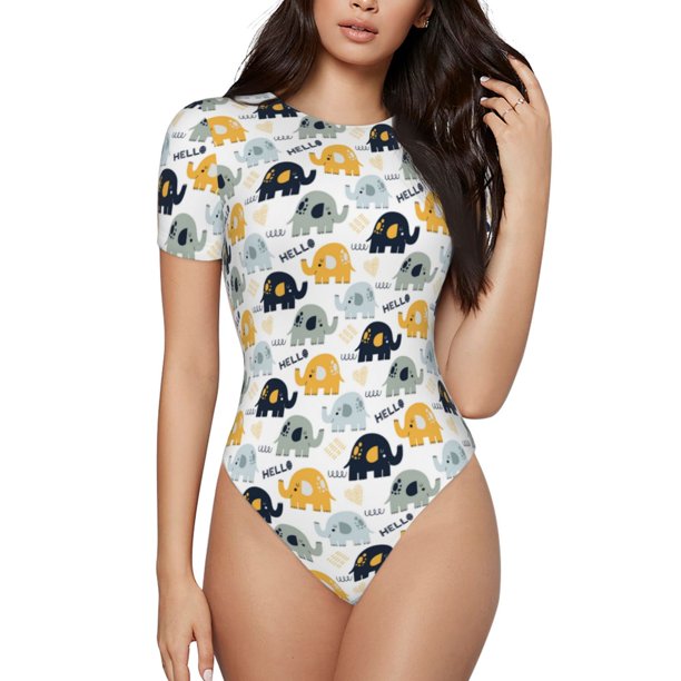 Balery Cute Elephant Body de cuello redondo de manga corta para mujer Tops de manga corta Tops básicos-X-Large