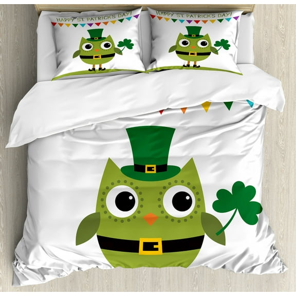 St. Patrick's Day Queen Size Duvet Cover Set, Owl with Leprechaun Costume Greeting Design for Party Shamrock, Decorative 3 Piece Bedding Set with 2 Pillow Shams, White and Olive Green, by Ambesonne
