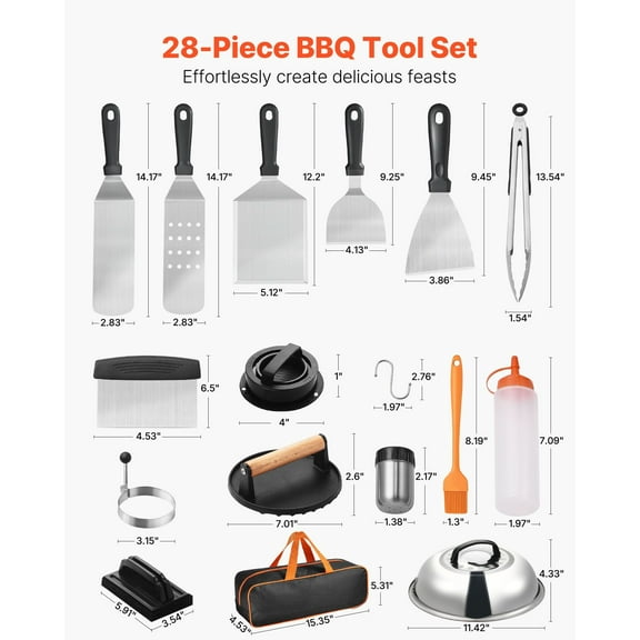 28-PC Complete Griddle Combo Kit - 6 Spatulas, Scrapers, Oil Bottle, Drip Tray & Case for Blackstone or Camp Chef Flat Top Grill