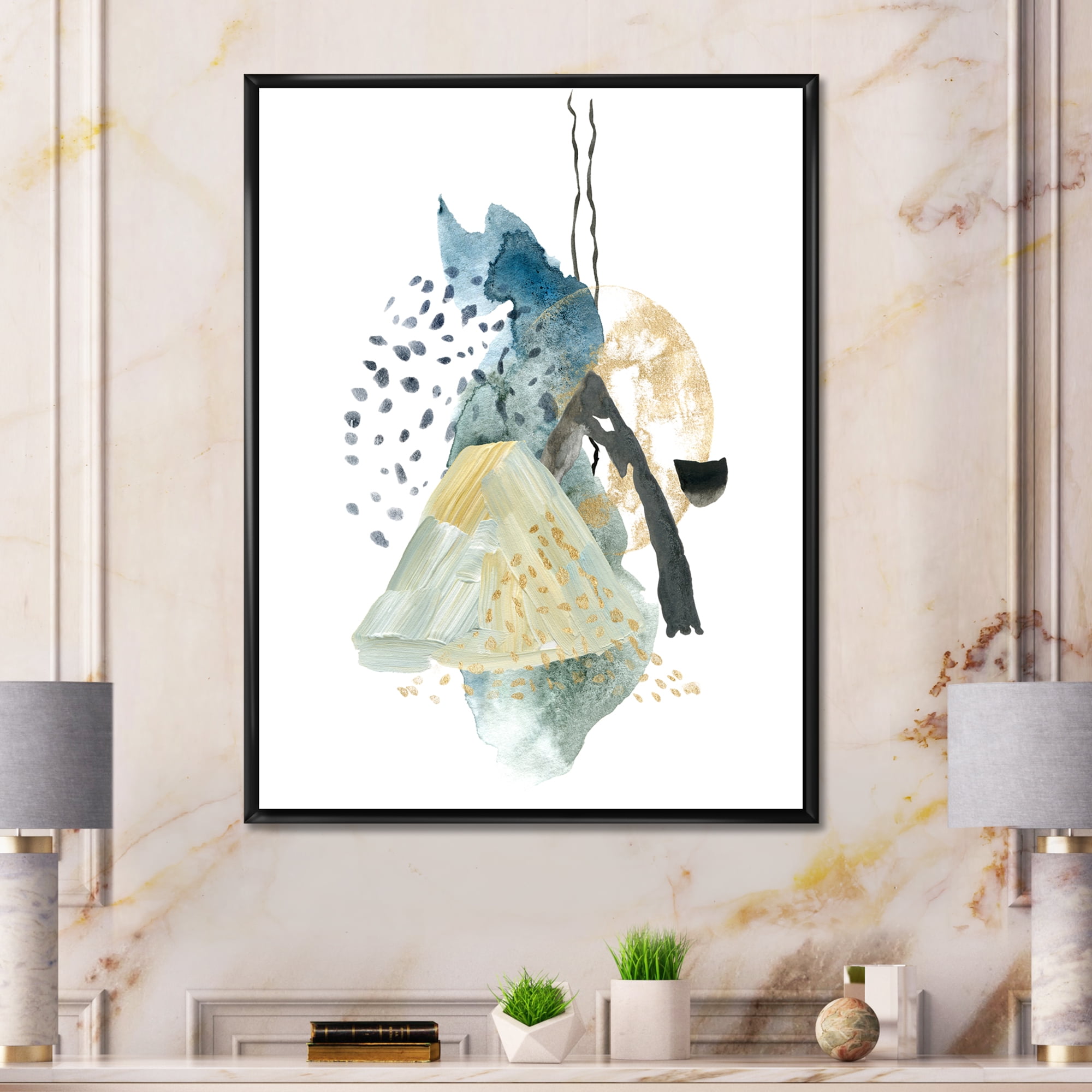 Designart 'Mountain Moon With Gouache Of Abstract Landscape' Modern Framed Canvas Wall Art Print