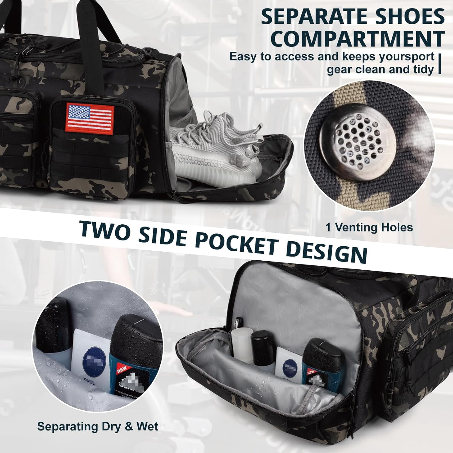 25.6In Gym Bag for Men, 50L Large 3 in 1 Sports Travel Duffle Bag with Shoes Compartment,Water Resistant Travel Backpack Weekender Overnight Bag with Wet Pocket for Women Camping Touring