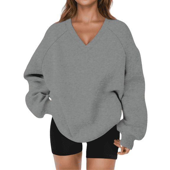 Hpapadks V Neck Sweatshirt Women Hoodless Casual Long Sleeve Sweatshirt Lightweight Soft Pullover Top Grey L