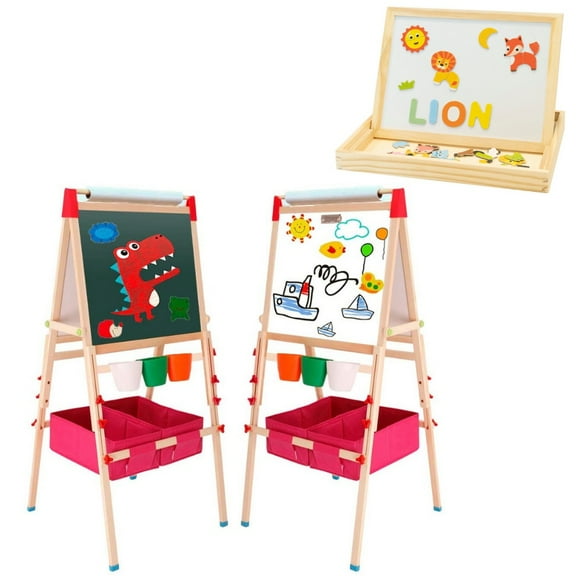 EALING BABY Wooden Art Easel Set For Kids with Table-top Portable Drawing Board and Double-sided Standing Easel with Storage - Red and Wood