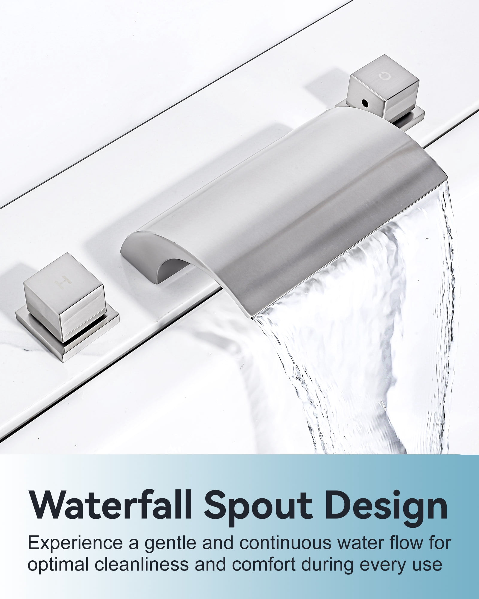 Wowow 2 Handle Waterfall Tub Faucet, Brass 3-Hole Bathtub Faucet, Brushed Nickel