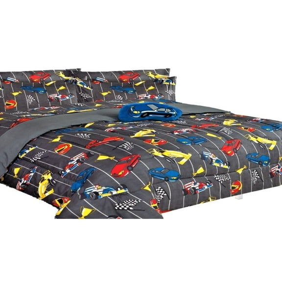 Comforter bed in bag set 6 pieces kids twin size lightweight warm kids bedroom décor character design for boys girls race cars grey