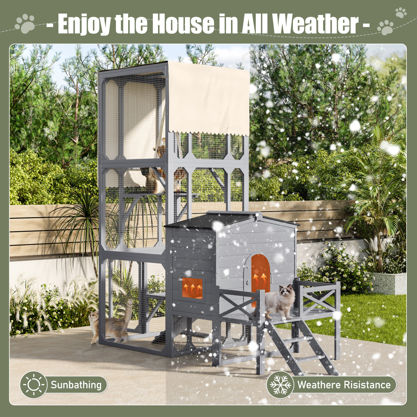 Outdoor Cat Enclosure with Play Platforms and Swing, Large Wooden Catio for Multiple Cats, Removable Waterproof Cover, UV Resistant, 2-Section Design, Gray